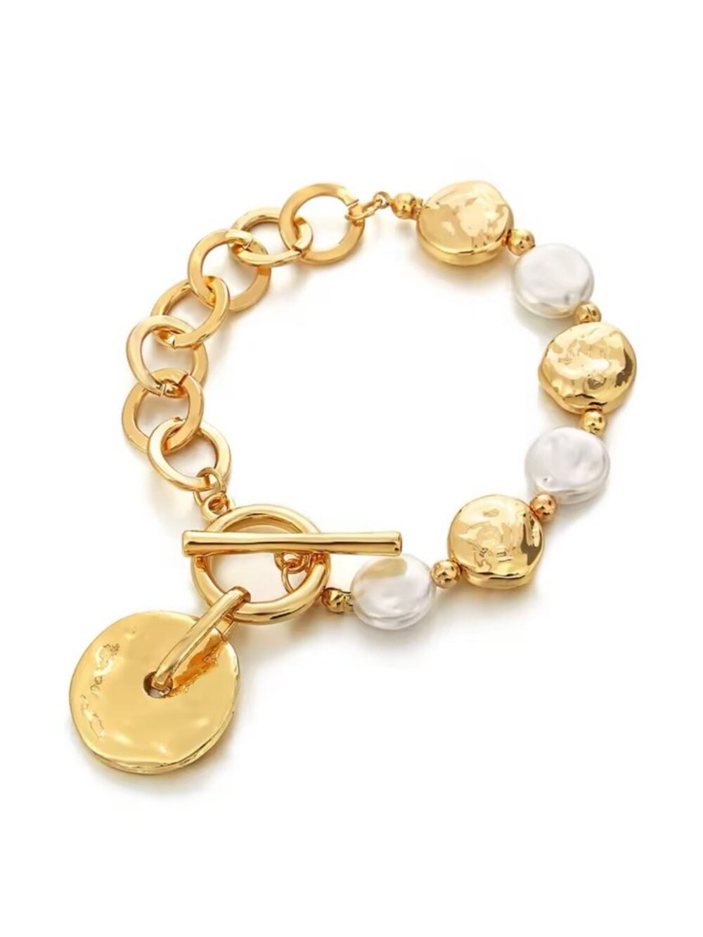 NEW Chunky Link Bracelet 18K Plated Pearls Toggle Clasp Round Charm Glam